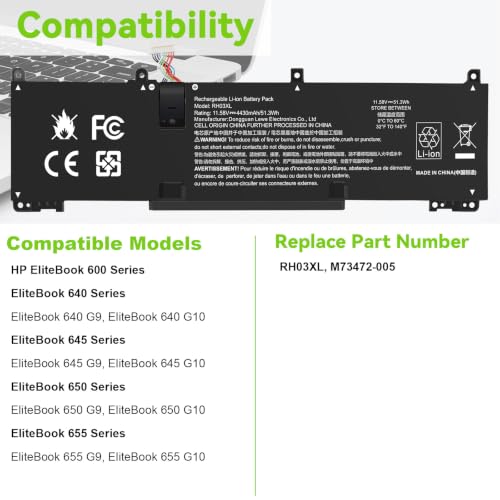 11.58V 51.3Wh RH03XL RH03XL-L Laptop Battery for HP EliteBook 640 G9 G10/650 G10/655 G10 Probook 440 G10/445 G10 G11/450 G9 G10/455 G10/460, TPN-DB0L,TPN-DB0T,TPN-IB0A,TPN-IB0K,TPN-IB0L,TPN-IB0P - size: 10*2.99*0.24inch RH03XL