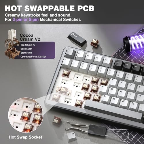 YUNZII B75 PRO Wireless Mechanical Gaming Keyboard | Custom 75% Layout with Knob,Gasket Mount,Hot Swap,Creamy Pre-lubed Switch,BT/USB-C/2.4G(Cocoa Cream V2 Switch,Dark Grey) - color: Dark Grey, size: Cocoa Cream V2 Switch