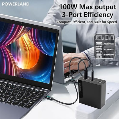 100W USB C Charger,GaN III 3-Port Fast Charging Station,PD QC Foldable Charger Block Portable Laptop Adapter for MacBook Pro/Air,iPad Pro,Galaxy S23,Dell XPS 13,iPhone 16/15/Pro and More