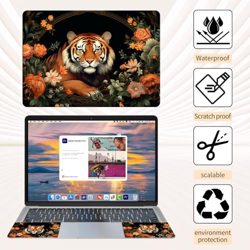 15.6 Inch Laptop Skin Sticker, Reusable Vinyl Cover Protector with 2 Wrist Pad Skins, Removable Waterproof Scratch-Resistant for 12-15.6 Inch Laptop Notebook,Tiger and Flowers - color: Tiger and Flowers