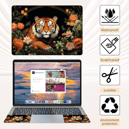 15.6 Inch Laptop Skin Sticker, Reusable Vinyl Cover Protector with 2 Wrist Pad Skins, Removable Waterproof Scratch-Resistant for 12-15.6 Inch Laptop Notebook,Tiger and Flowers - color: Tiger and Flowers