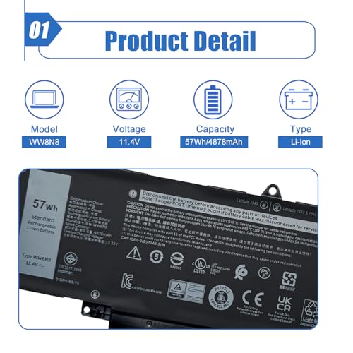 57Wh WW8N8 Laptop Battery Replace for Dell Latitude 7340 7350 7440 7450 7640 7650 Series 66DWX 86D0Y FH97R 0HYH8 0CTJJ6 11.4V 4878mAh