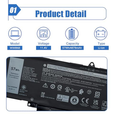 57Wh WW8N8 Laptop Battery Replace for Dell Latitude 7340 7350 7440 7450 7640 7650 Series 66DWX 86D0Y FH97R 0HYH8 0CTJJ6 11.4V 4878mAh