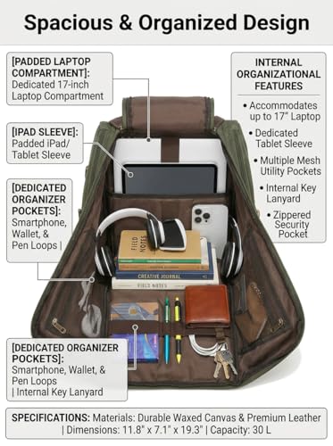 Heavy-Duty Waxed Canvas Backpack for Men, 17 Inch Laptop Rucksack with Genuine Leather, Multi-Pocket Travel Bag for Work, Hiking, and Camping - color: Army Green