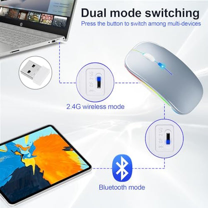 Wireless Bluetooth Mouse for iPad/MacBook Pro/Air/Laptop/pc Rechargeable Silent Mouse Portable Slim for Surface Pro/Lenovo/Samsung Tablet (LED/Silver) - color: LED / Silver