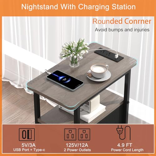 sthmec Narrow End Table with Charging Station, Narrow Side Table with 2 Fabric Drawers, LED End Table, Slim Nightstand with LED Light, Small Side Table for Small Spaces, Living Room, Bedroom, Grey - color: Grey, size: 7.87'' W x 15.75'' D x 24.37'' H, sty