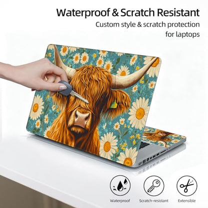 Universal Laptop Skin Sticker Decal, 12"-15.6" Aesthetic Vinyl Wrap, Highland Cow Daisies Teal Waterproof Notebook Cover Art Protector for MacBook HP Dell Lenovo, Fits 13" 14" 15" 15.6" - color: Highland Cow Daisies Teal