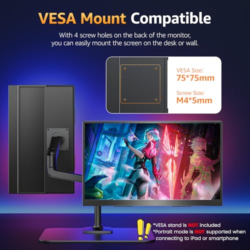 Upperizon Portable Monitor 18.5 inch FHD 125% sRGB 100Hz IPS HDR HDMI USB-C Travel Monitor for Laptop MacBook PC Surface PS5 Xbox, Large External Display with Kickstand & Speakers, VESA Compatible - size: 18.5 inch