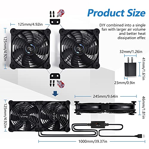 USB Dual 120mm Control Fan, 5V Portable Cooling Fan for Flat-Screen TV Receiver Router DVR PlayStation Xbox Computer Cabinet Cooler - size: USB 120mm fan+USB 5V adapter