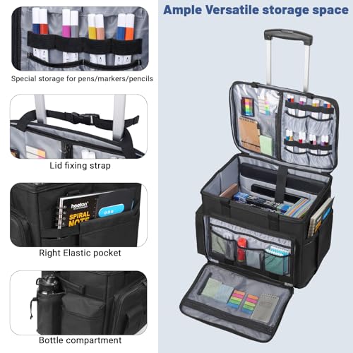 Rolling Teacher Bag Built-in Hard Support Board, Rolling Briefcase with Detachable Trolley, Rolling bag with Laptop compartment, Adjustable Shoulder Strap, and Ample Storage Space - color: Black