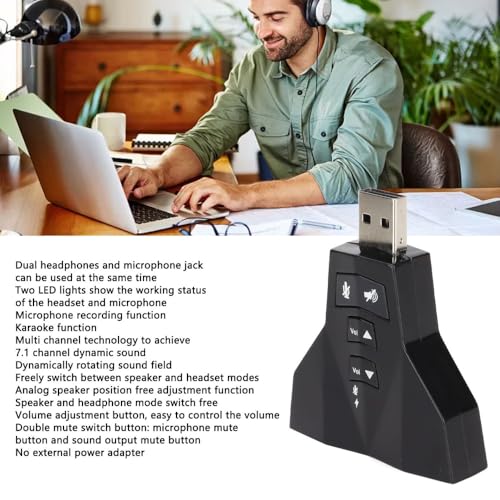 USB Sound Card Virtual 7.1 Channel – External Stereo Adapter for Headphone and Microphone, Plug and Play for Windows PC, Laptop