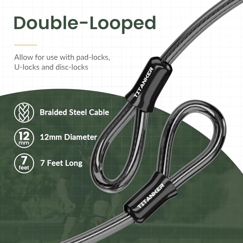Titanker Bike Lock Cable,12mm Thick Security Cable with Loops Heavy Duty Steel Cable Vinyl Coated Bike Cable Lock Security Chain (4ft, 7ft, 15ft, 30ft) - style: 7 Feet