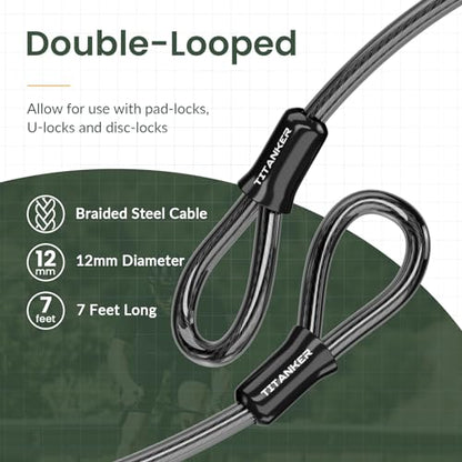 Titanker Bike Lock Cable,12mm Thick Security Cable with Loops Heavy Duty Steel Cable Vinyl Coated Bike Cable Lock Security Chain (4ft, 7ft, 15ft, 30ft) - style: 7 Feet