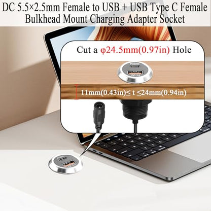 QIANRENON DC 5525 to USB A & USB C Desktop Flush Mount Charging Connector DC 5.5×2.5mm Female to Type A + Type C Female Threaded Fixed Mount Adapter Cable QC3.0 PD20W, for Desk Furniture, 0.9m/2.9ft