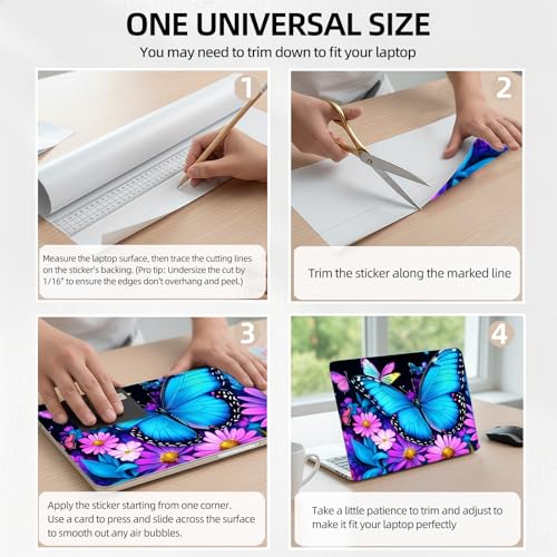 Neon Butterfly Purple Bloom Universal Laptop Skin Sticker 3PCS, Protective Decal Trim-to-Fit 11.6" 13.3" 14" 15.6" Laptop Vinyl Cover, Removable Anti-Scratch Computer Decal Protector - color: Neon Butterfly Purple Bloom