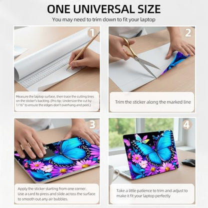 Neon Butterfly Purple Bloom Universal Laptop Skin Sticker 3PCS, Protective Decal Trim-to-Fit 11.6" 13.3" 14" 15.6" Laptop Vinyl Cover, Removable Anti-Scratch Computer Decal Protector - color: Neon Butterfly Purple Bloom