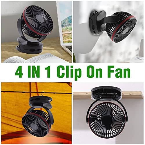 5.5Inch Rechargeable RV Cooling Fan Light with 4 Speeds, 5000mAh Battery Desk Fan, Rotatable Clip On Desk/Wall-Mount Fan, for Home Office RV&Travel - color: Red and Black