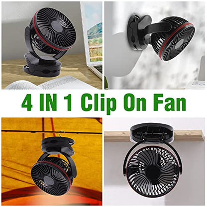 5.5Inch Rechargeable RV Cooling Fan Light with 4 Speeds, 5000mAh Battery Desk Fan, Rotatable Clip On Desk/Wall-Mount Fan, for Home Office RV&Travel - color: Red and Black