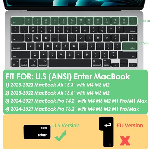 ProElife Russian Keyboard Cover for MacBook Air 13/15'' & Pro 14/16'' M5 M4 | U.S. Layout, Non-interference Design for ID Key, Dust-Proof, Silicone Protective Skin, Precision-Molded, Washable & Reusable
