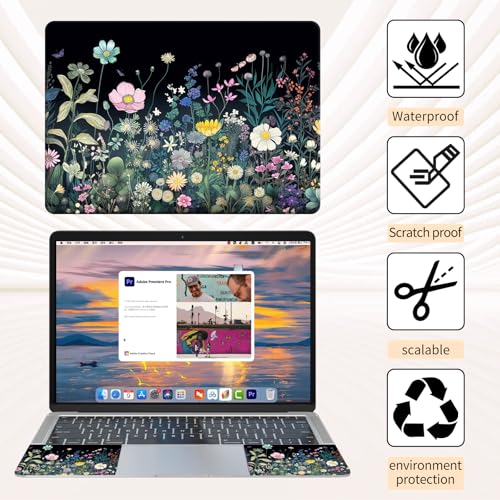Laptop Skin Sticker 3-Piece Set,Colourful Wild Flower | Trim-to-fit 3-piece vinyl set with one 15 x 10.6 in lid skin and two palm-rest decals for many 12-15.6 in laptops - color: Colourful Wild Flower