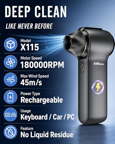 Compressed Air Duster 180000RPM – Super Power Cordless Electric Air Duster with 3-Speed Turbo Fan, Rechargeable Air Blower for Computer, Keyboard, Car, Camera & Home Cleaning