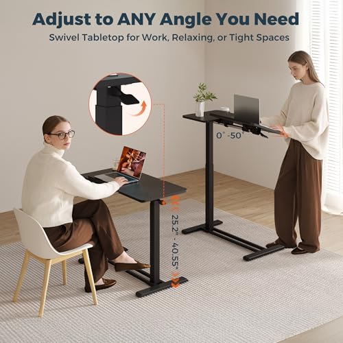28''Pneumatic Overbed Tilting Bedside Table,Small Desk with Wheels | 27.6"x15.7" Black Single-Side Flip Tabletop,Hospital Medical Bedside Table,Overbed Table with Wheels,Small Standing Desk - color: Black, size: Small