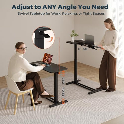 28''Pneumatic Overbed Tilting Bedside Table,Small Desk with Wheels | 27.6"x15.7" Black Single-Side Flip Tabletop,Hospital Medical Bedside Table,Overbed Table with Wheels,Small Standing Desk - color: Black, size: Small