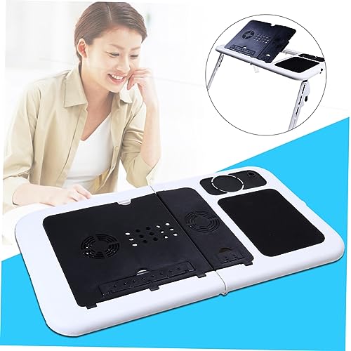 OSALADI Foldable Laptop Table with Dual Fans and Adjustable Height Ergonomic Tray for Bed Couch Desk Black White Design with Mouse Platform and Non-Slip Legs