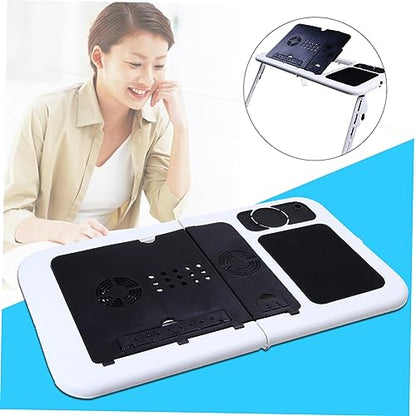 OSALADI Foldable Laptop Table with Dual Fans and Adjustable Height Ergonomic Tray for Bed Couch Desk Black White Design with Mouse Platform and Non-Slip Legs