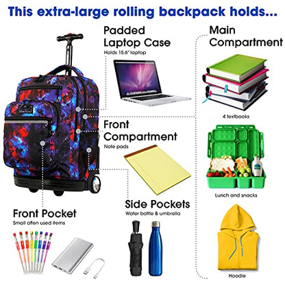 J World Sundance Laptop Rolling Backpack for Girls Boys. Roller Bookbag with Wheels, 20 Inch, Galaxy - color: Galaxy