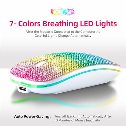 Bluetooth Mouse,Bling Dazzling 2.4GHz Rechargeable Wireless Mouse Slim with USB Receiver, Compatible with Notebook, PC, Laptop, Computer, MacBook,Great Gift idea for Her (Rainbow) - color: Rainbow