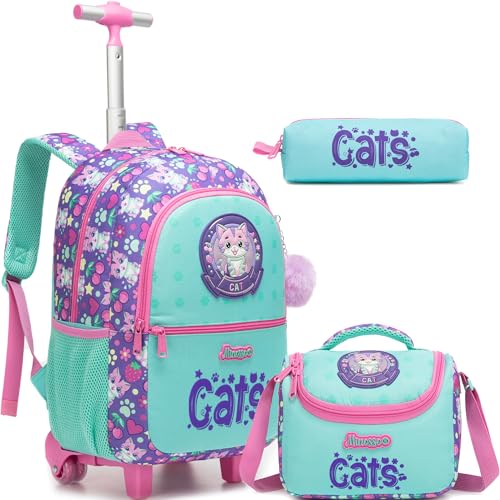 Girls Rolling Backpack with Lunch Box School Backpacks with Wheels 16.5" Roller Backpack for Girls, 3pcs Kids Wheeled Bookbag for Elementary School - color: Lansemao