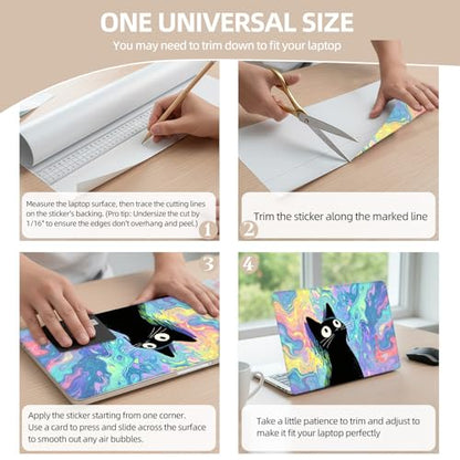Universal Laptop Skin Sticker for 12/13/14/15.6 Inch Laptops, Reusable Vinyl Laptop Decal Cover, Waterproof Scratch Resistant Notebook Skin with 2 Wrist Pads,Psychedelic Black Cat - color: Psychedelic Black Cat
