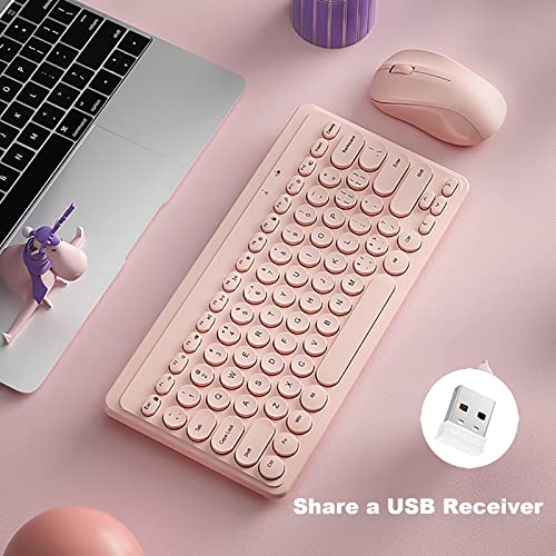Compact Keyboard MouseCombo,JieruiDeng 79-Key Retro Mini Cute Computer Keyboard 2.4G USB Wireless and Silent Mice Set for Laptop Desktop PC iPad (Pink) - color: Pink
