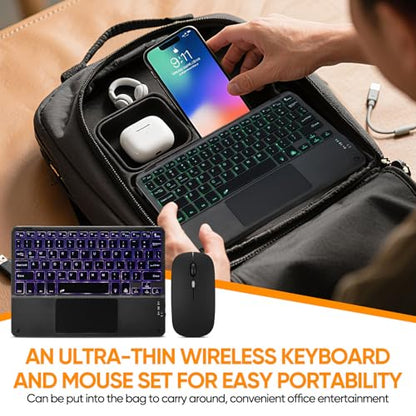 Ultra-Slim Bluetooth Keyboard with Built-in Touchpad and Mouse Portable Mini Wireless Keyboard Rechargeable 7-Color Backlit for Apple iPad iPhone Samsung Tablet iPhone Smartphone iOS Android Windows - color: black