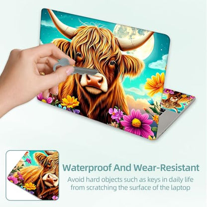 Universal Laptop Skin Decal, 3-Piece Vinyl Protector for 12 13 14 15.6" Notebook, Waterproof Anti-Scratch, Easy Trim & Bubble-Free Finish, Cute Highland Cow Flowers - color: Cute Highland Cow Flowers