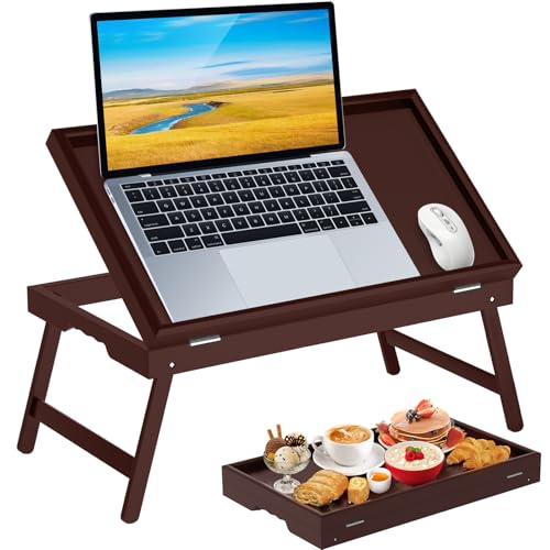 Bamboo Bed Tray Table with Foldable Legs & Ergonomic Handle, 17x12in Breakfast Tray for Eating, Laptop Desk, Sofa Snacking, Non-Slip Surface (Mahogany) - color: Mahogany