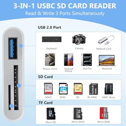 3-in-1 Memory Dual Slots with USB Camera Digital Adapter | White, Type C High Speed, SD and MicroSD Card Reader with OTG for iPhone 17/16/15,iPad,iMac,MacBook,Galaxy,Android