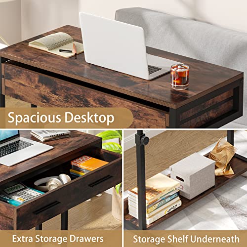 Tribesigns Portable Desk with Drawers, Mobile Laptop Desk with Wheels, Sofa Side Table Small Portable Standing Rolling Table for Home Office - color: Brown