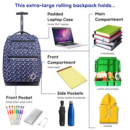 J World Sundance Laptop Rolling Backpack for Girls Boys. Roller Bookbag with Wheels, 20 Inch, Line - color: Black,white