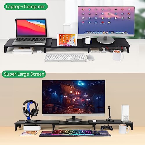 Nnewvante Monitor Stand Riser, 60 inch Large Bamboo Dual Monitor Stand for Desk, 3 Shelves Desktop Screen Riser with Adjustable Length Angle for Computer Laptop PC,Black
