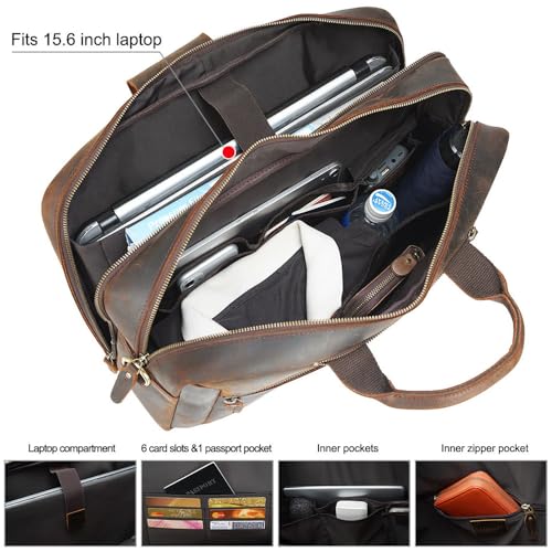 TIDING Full Grain Leather Convertible Briefcase Backpack for Men | Large 15.6 Inch Laptop Messenger Bag Work Business Crossbody Shoulder Bag - color: Dark Brown