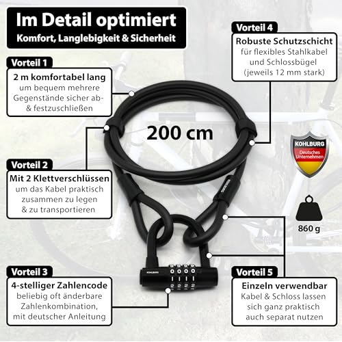 KOHLBURG Combination Cable Bike Lock 6.5ft with Code – 79” Combo Cable Lock | Long Security Steel Cable Lock – Cable with Padlock Combination for Bicycle Garden Furniture Bike Kayak Boat Paddle Board