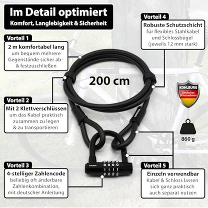 KOHLBURG Combination Cable Bike Lock 6.5ft with Code – 79” Combo Cable Lock | Long Security Steel Cable Lock – Cable with Padlock Combination for Bicycle Garden Furniture Bike Kayak Boat Paddle Board