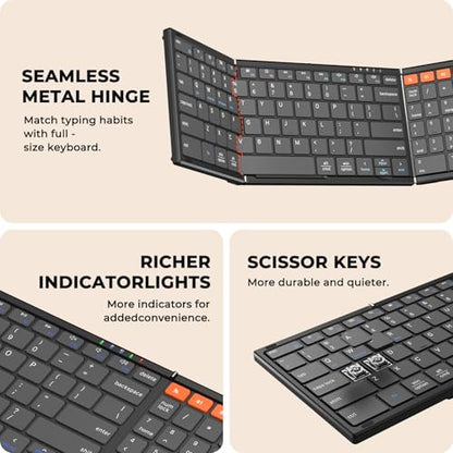 MEETION Foldable Wireless Keyboard and Mouse Combo, Rechargeable, Black | Full-size folding design, 2.4G plus dual Bluetooth, compact for business travel, compatible with Windows, Mac, iPad, Android