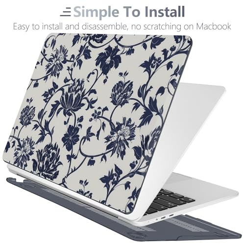 Batianda Case for MacBook Air 15 inch 2026 M5 M4 M3 M2 Chip, Navy Flowers | 4-in-1 set with artistic porcelain vine flower design, lightweight slim hard shell protection for office women and teachers - color: Navy flowers