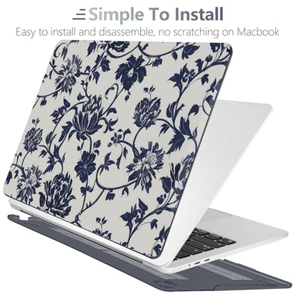 Batianda Case for MacBook Air 15 inch 2026 M5 M4 M3 M2 Chip, Navy Flowers | 4-in-1 set with artistic porcelain vine flower design, lightweight slim hard shell protection for office women and teachers - color: Navy flowers
