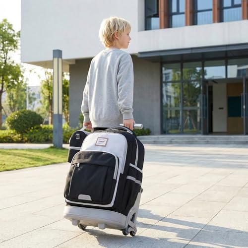 18 Inch Black Rolling Backpack for Kids, Black Climb Stairs Rolling Backpack Carry On Wheeled School Backpack, Spacious Multiple Compartments Quiet Wheels Travel Backpack for Boys