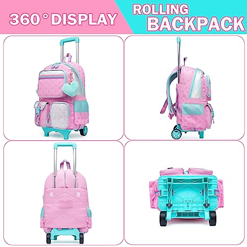 Meetbelify Pink Backpack with Wheels for Kids - Cute Carry On with Lunch Box & Pencil Case for Elementary Students - Travel Suitcase for Girls 8-10 - color: Star Pink