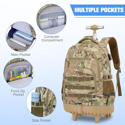 ACESAK Camo Rolling Backpack Boys, Tactical Kids Backpack Boys, Kids Suitcase for Boy Teens Elementary Middle High School, Military Backpack with Wheels and Lunch Bag Pencil Case Set (Camo Khaki) - color: Camo Khaki